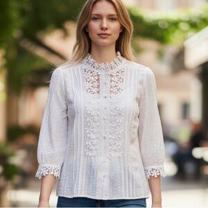 White Lace Blouse - Floral Lace Detailing, High-Neck, Button-down